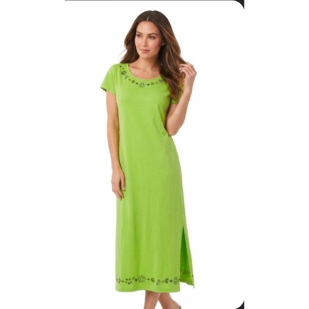 Go Softly Lime Green T-Shirt Patio Dress Size S Tropical Beaded Citrus Fruit
